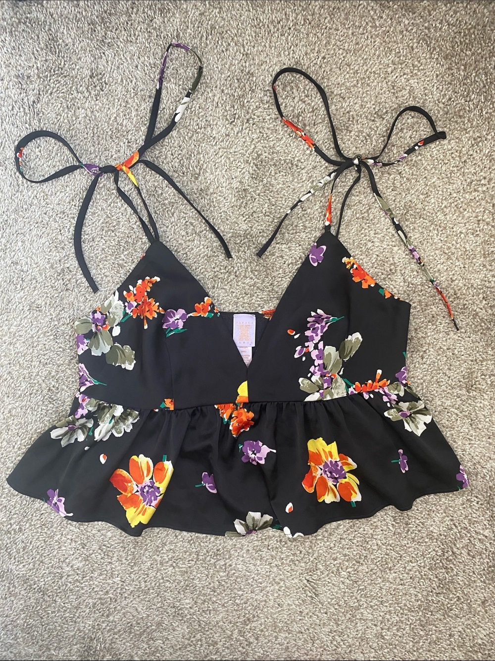 Savage X Fenty Black Floral Tie-Shoulder Peplum Cami